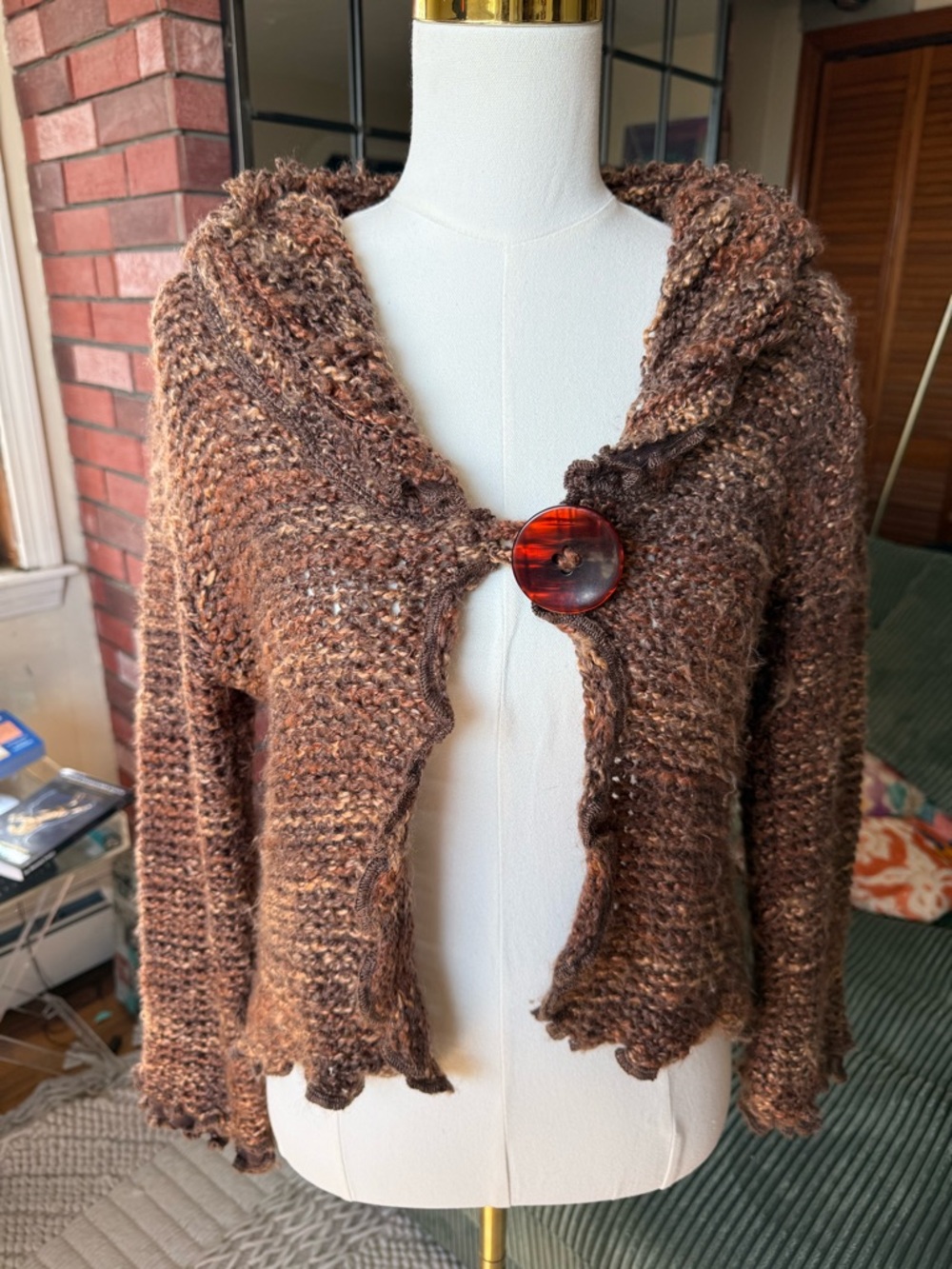 Brown Bouclé Knit Women's Sweater Cardigan with Decorative Button